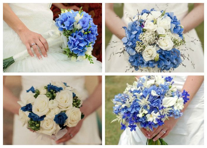 Бело-голубые свадебные букеты (фото)