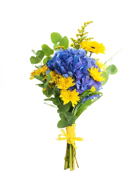 Букет из гортензии голубой и желтый астры, цветочный фон — стоковое фото