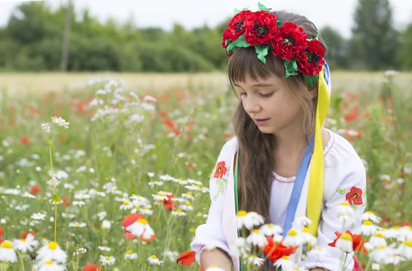 Маленькая девочка в украинском национальном костюме собирают дикие цветы — стоковое фото