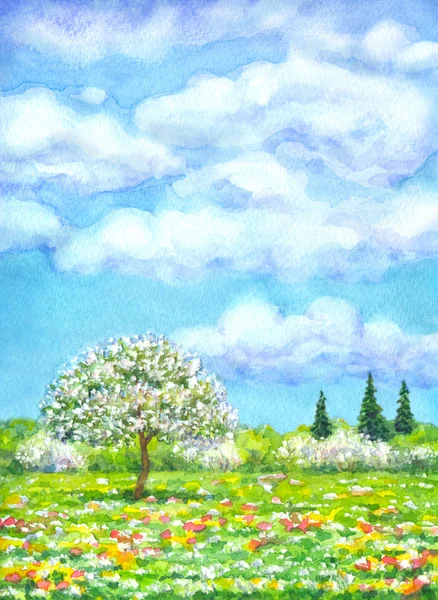 Акварель пейзаж серии "дерево в разные сезоны Лицензионные Стоковые Изображения
