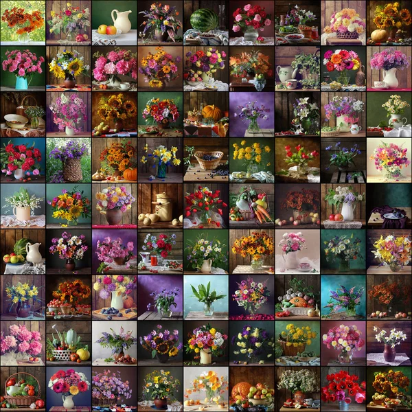 Коллаж из натюрморты с цветами и фруктами Лицензионные Стоковые Фото