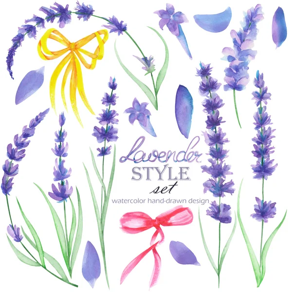 Set of the watercolor lavender elements and bows for decoration Стоковое Фото