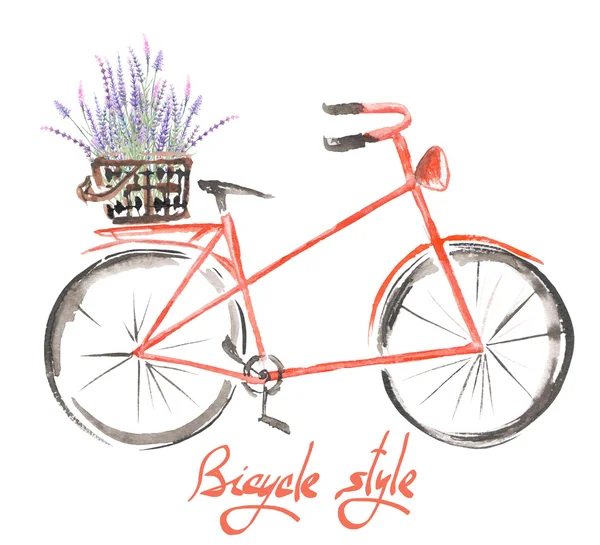 Иллюстрация (изображение) акварельный красный велосипед с корзинкой цветков лаванды Лицензионные Стоковые Фото