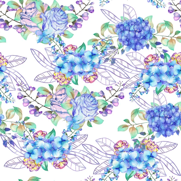 Бесшовные цветочный узор с букетами цветы Гортензия, синих роз и листьев, окрашены в акварели на белом фоне Лицензионные Стоковые Изображения