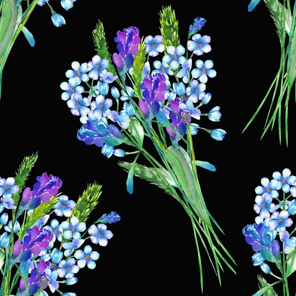 Бесшовный фон с букетами цветов синий Незабудка (Myosotis) и цветки лаванды, окрашены в акварели на темном фоне Стоковое Фото