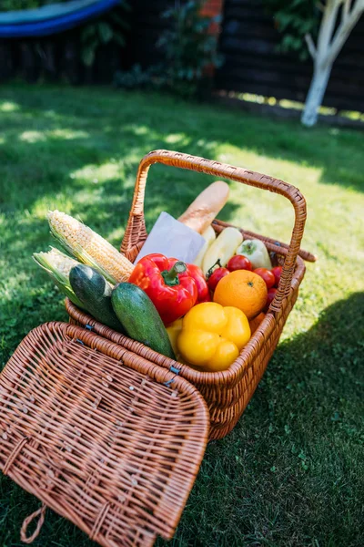 Close View Basket Baget Vegetables Picnic Green Grass — стоковое фото