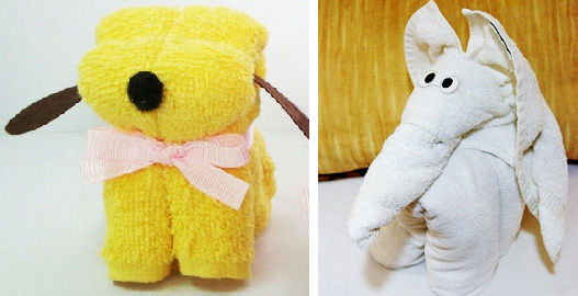 собачка и слоник из полотенец - украшение для детского подарка