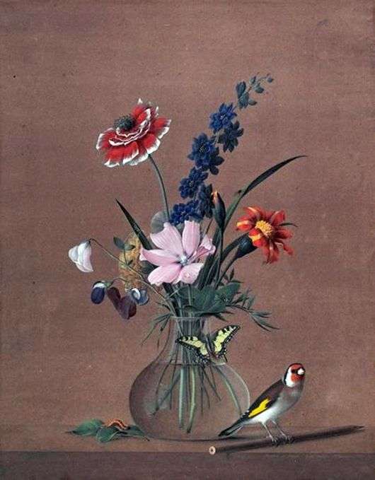 Описание картины Федора Толстого «Букет цветов, бабочка и птичка»
