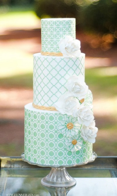 Многоярусный свадебный торт мятного цвета с цветами и золотым декором