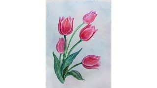 Уроки рисования. Как нарисовать ТЮЛЬПАНЫ букет к 8 МАРТА how to draw tulip flower | Art School