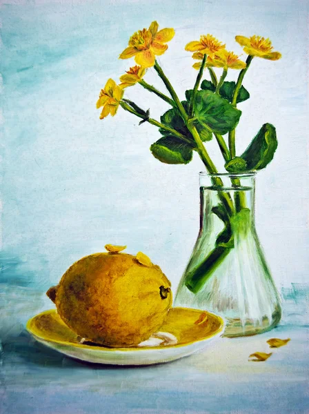 Натюрморт с желтыми цветами и лимоном, маслом на холсте Лицензионные Стоковые Фото