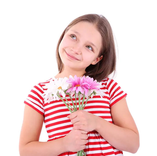 Красивая девочка с цветами в руке, изолированные на белом — стоковое фото