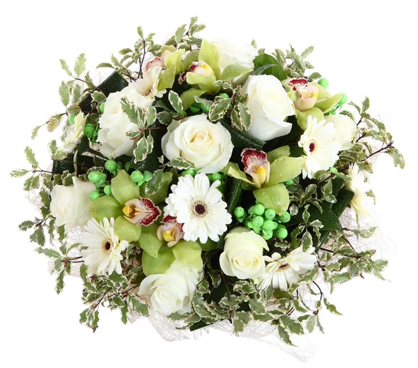 Цветочные композиции из белых роз, белых гербер и орхидеи. Флористическая композиция, дизайн в букет, цветочную композицию. изолированные на белом фоне — стоковое фото