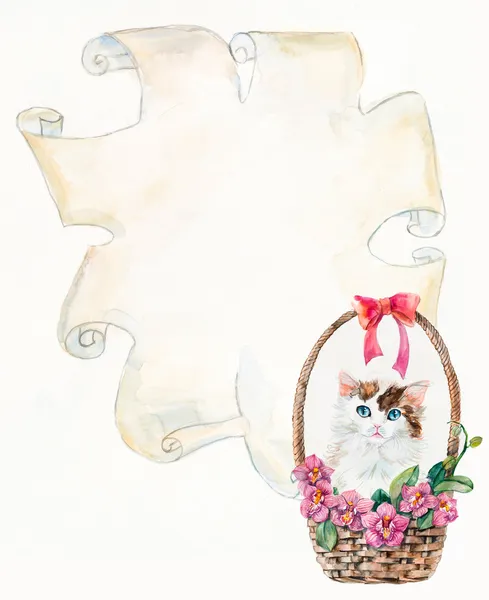 Котенок на корзину с цветами. старинные бумаги, разорвал коричневой бумаги — стоковое фото