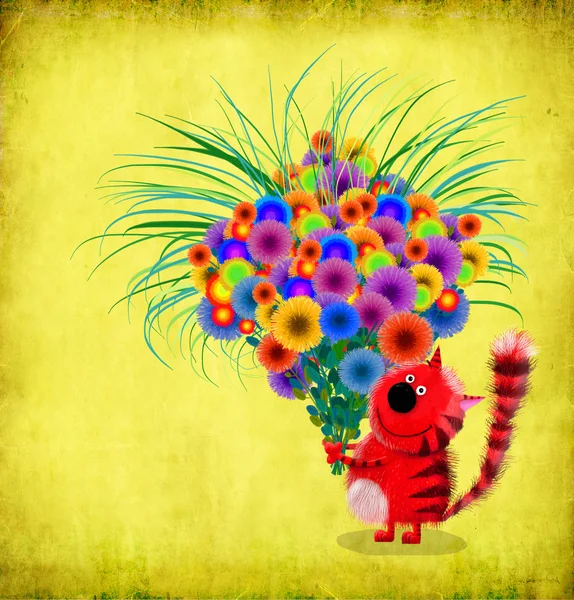 Красный полосатый кот забота огромный букет цветов — стоковое фото