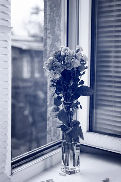 Красивые розы в вазе в черно-белом — стоковое фото