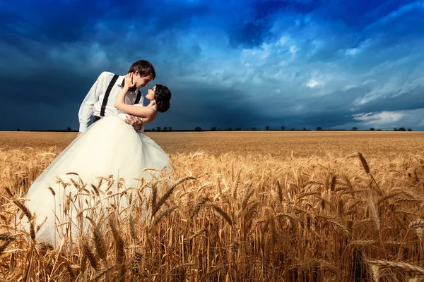 Молодая пара выходят замуж в поле пшеницы — стоковое фото