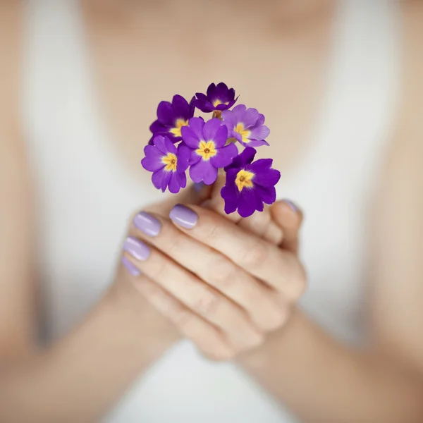 Руки женщина с красивые ногти фиолетовым цветами — стоковое фото