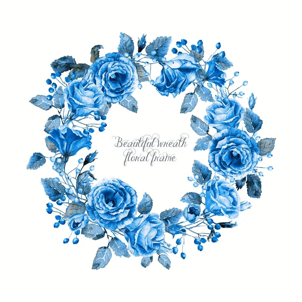 Круглая рамка акварель голубые розы и ягод Лицензионные Стоковые Изображения