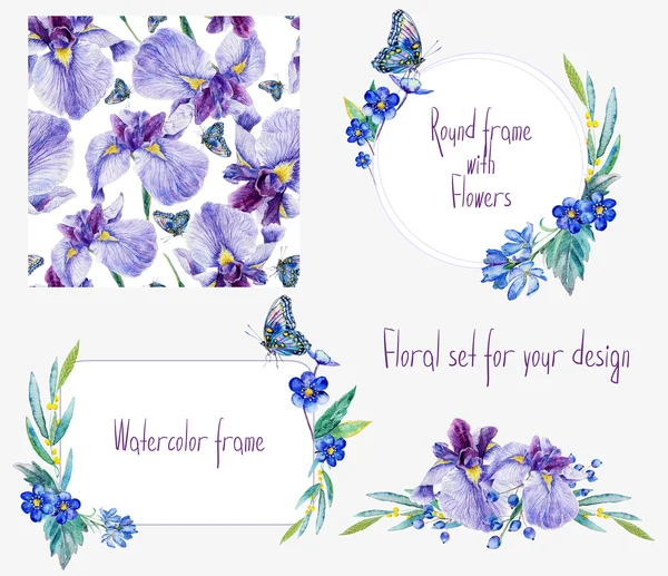 Акварельные цветочный набор шаблонов с ирисов для вашего дизайна Лицензионные Стоковые Изображения