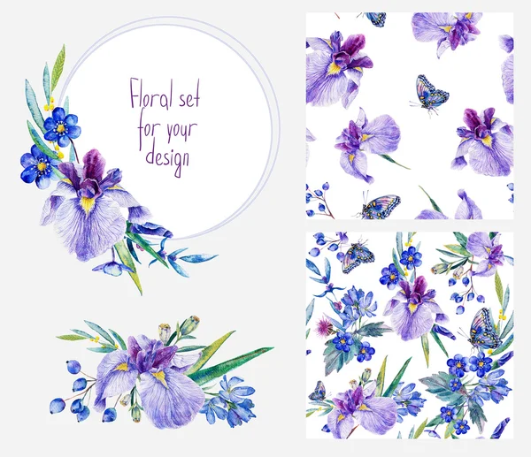 Акварельные цветочный набор шаблонов с ирисов для вашего дизайна Стоковая Картинка