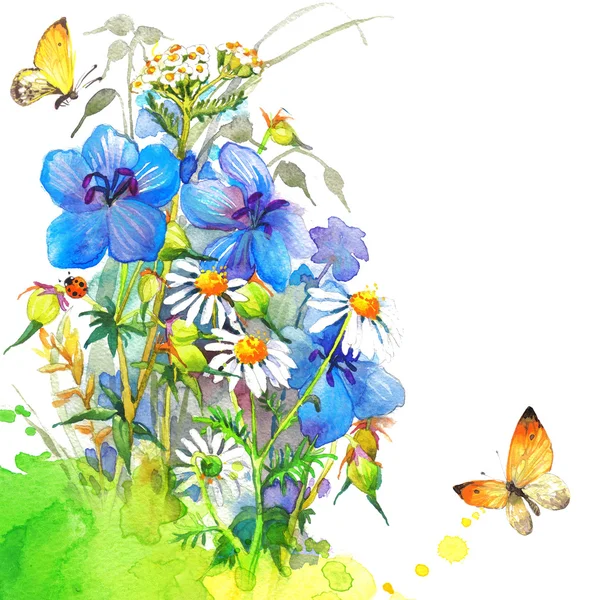 Акварелью цветы и бабочки на размытым фон Стоковая Картинка
