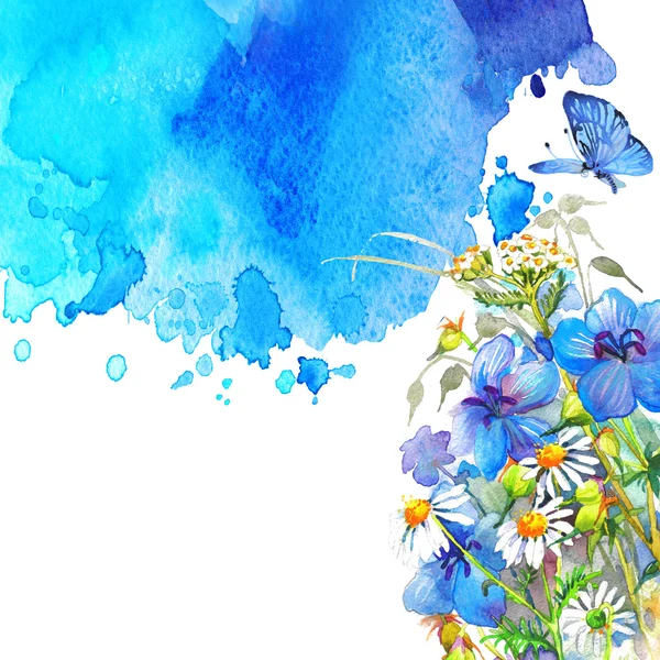 Акварелью цветы и бабочки на размытым фон Стоковое Фото