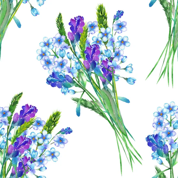 Бесшовные узор с букетами синий незабудка цветы (Myosotis) и лаванды, окрашены в акварели на белом фоне Стоковое Изображение
