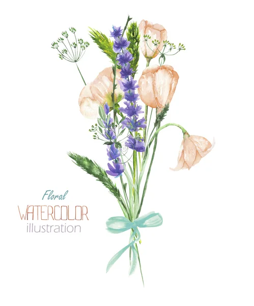 Иллюстрация с букет красивых акварели Флора и цветки лаванды, рисованной в акварели Лицензионные Стоковые Фото