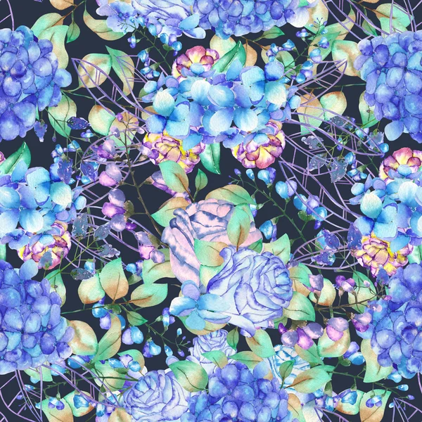 Бесшовные цветочный узор с букетами цветы Гортензия, синих роз и листьев, окрашены в акварели на темном фоне Стоковое Фото
