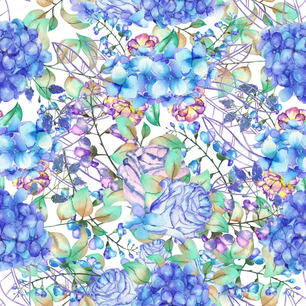 Бесшовные цветочный узор с букетами цветы Гортензия, синих роз и листьев, окрашены в акварели на белом фоне Стоковое Фото
