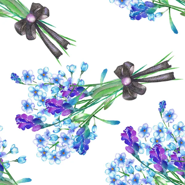 Бесшовный фон с букетами цветы голубые незабудки (Myosotis) и лаванды, украшена бантом, окрашены в акварели на белом фоне Стоковое Фото