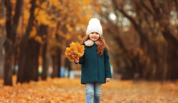 Девушка с букетом желтых листьев — стоковое фото