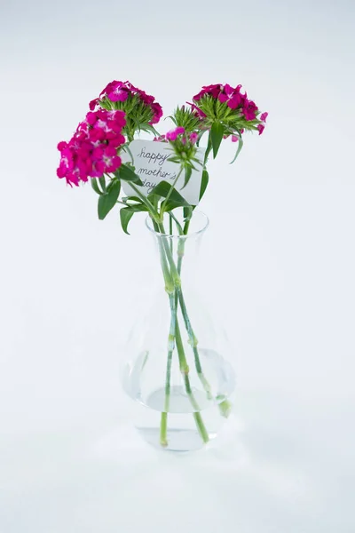 Букет из розовых роз с тегом день счастливой матери в цветок ваза — стоковое фото