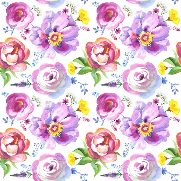 Окрашенные Уайлдфлауэр цветы фоновый узор в стиле акварели Лицензионные Стоковые Фото