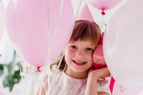 Portrait Happy Birthday Child Cone Holding Gift Box Air Balloons — стоковое фото