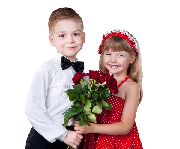 Девочка и мальчик, открытки с цветами, изолированные на белом Лицензионные Стоковые Изображения